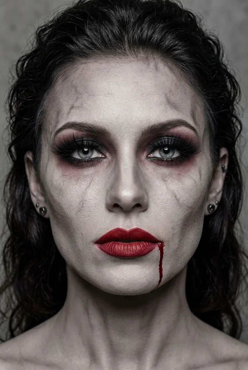 Full glam makeup look with red lips heavy lashes and single realistic fake blood drip from corner of mouth down chin