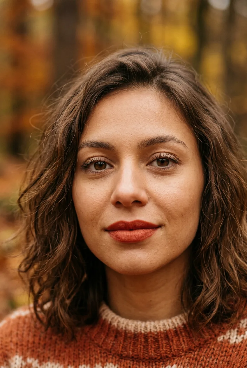 Woman wearing a warm brick red matte lip with mascara-only eyes in autumnal 90s beauty editorial