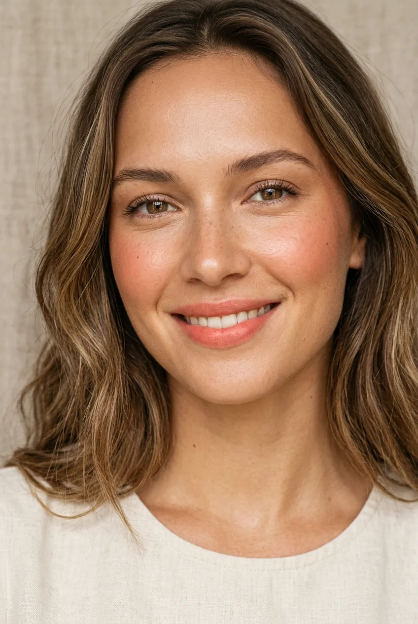Woman with monochromatic coral cream blush and matching lip tint with bronzed temples in cheerful daylight