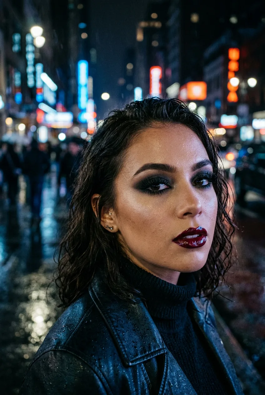 Woman with deep burgundy lipstick and smoky eye with mascara-heavy lashes under blue neon glow