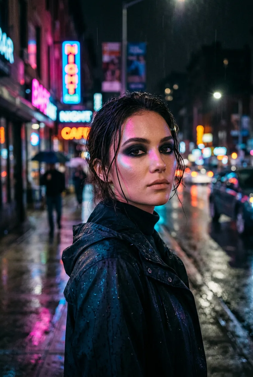 Woman wearing heavy charcoal and black eye shadow with no lip color on a rain-slicked neon-lit city street at night