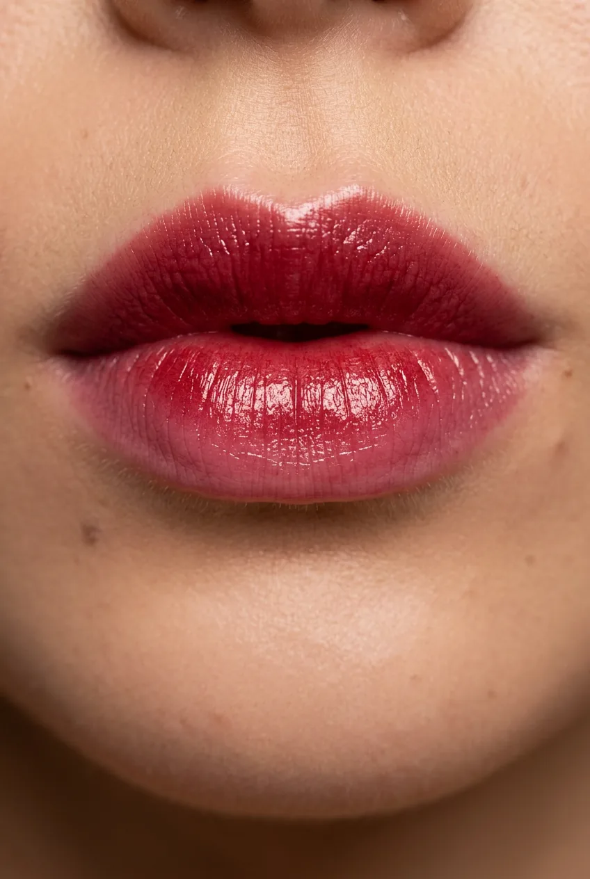Close-up of full lips wearing cherry red gradient lip color deeper at center fading to sheer at corners