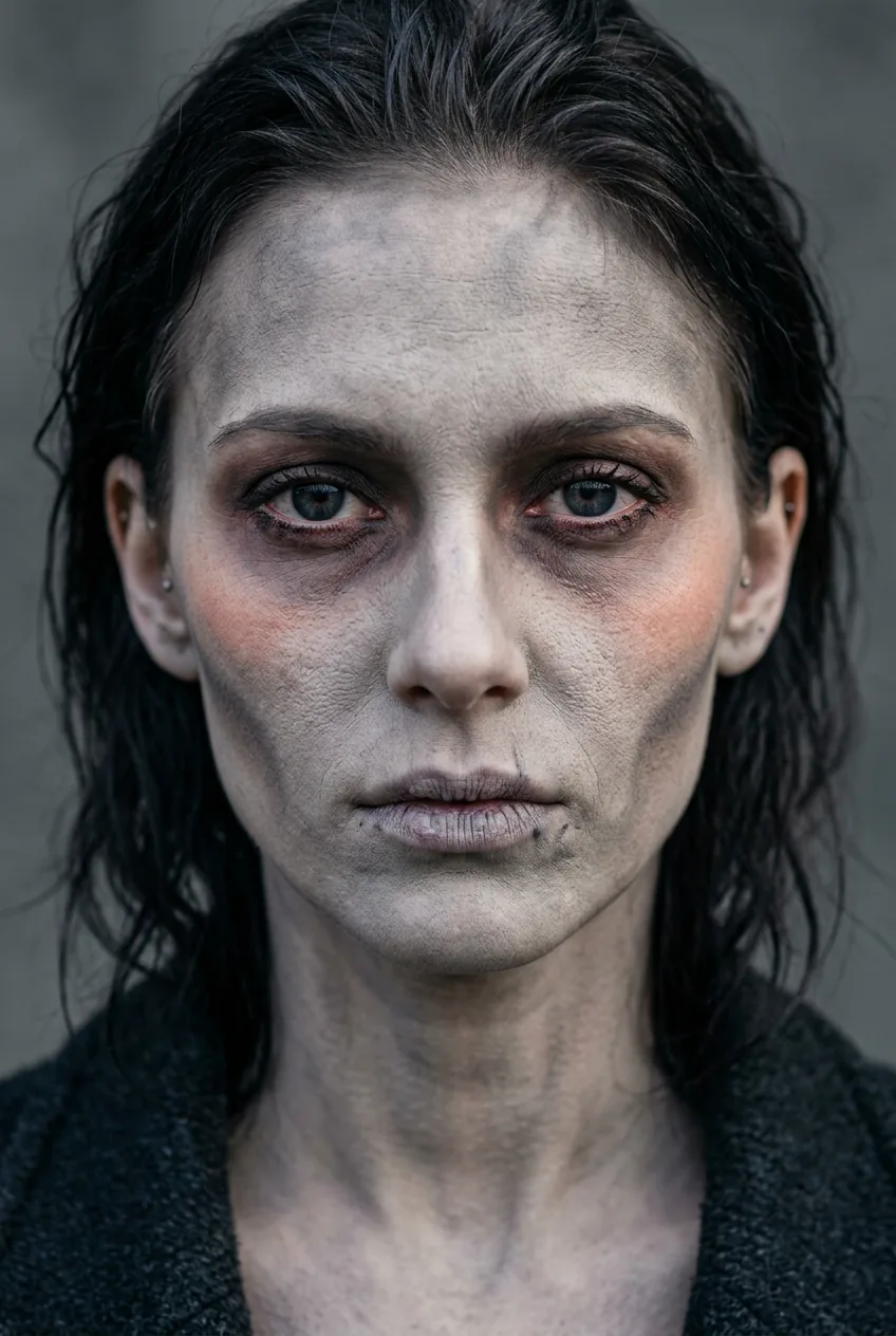 Woman with classic cinematic zombie makeup featuring layered desaturated grey skin hollow cheeks and faint warmth at cheekbones
