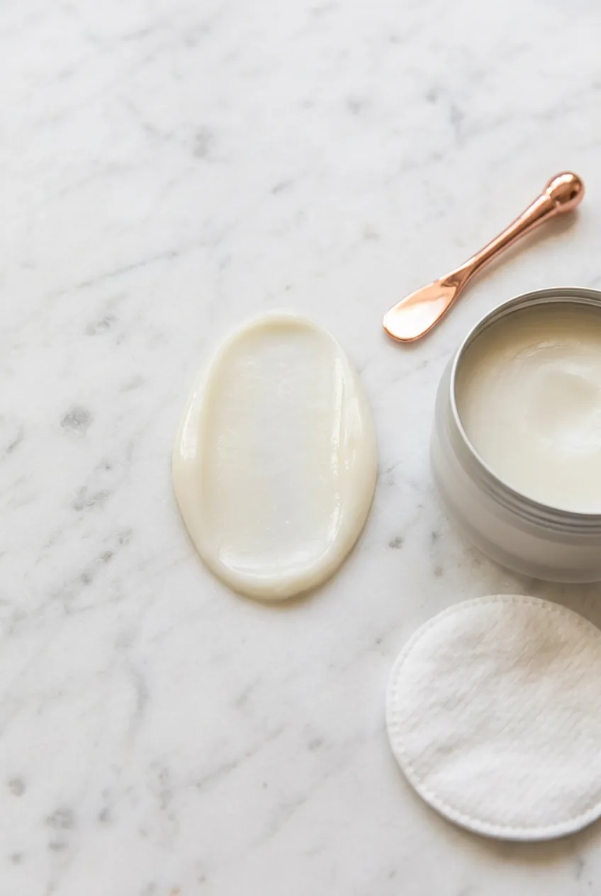 Cleansing balm swatched in an oval shape on white marble surface with spatula and cotton pad beside it