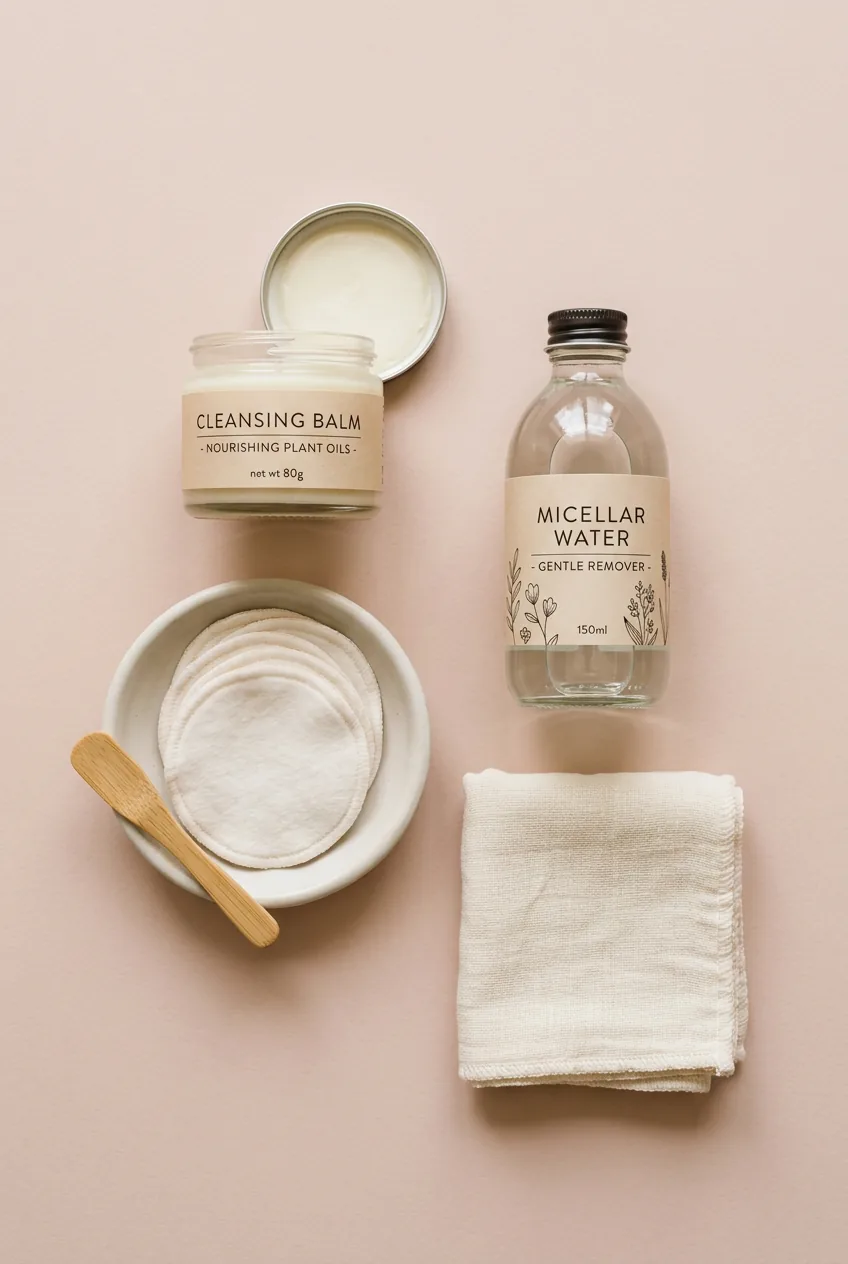 Neatly arranged skincare and makeup removal products on a pale blush background including cleansing balm and muslin cloth