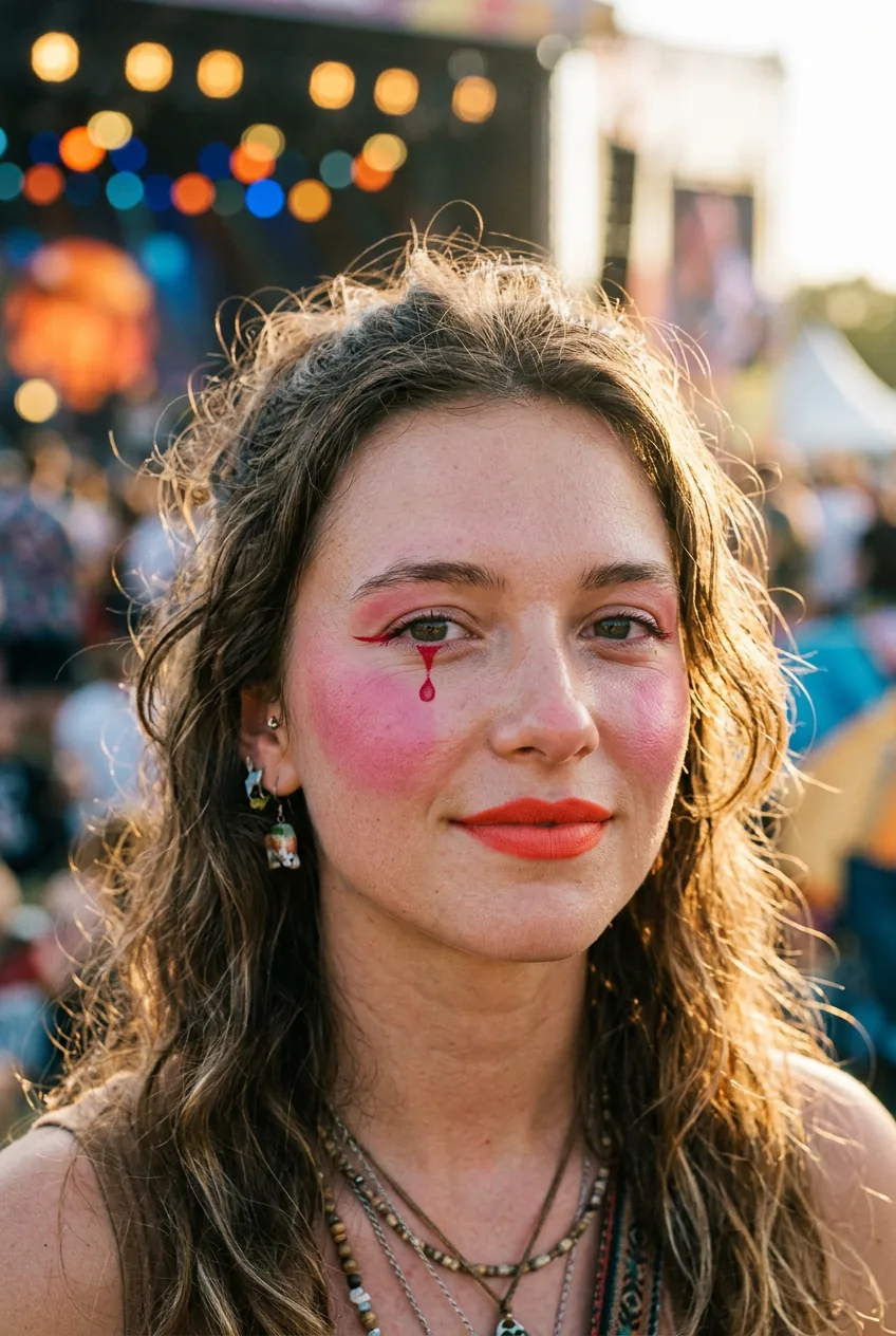 Close-up portrait of woman at festival wearing pink clown blush circles and red teardrop liner under one eye with bold coral lip
