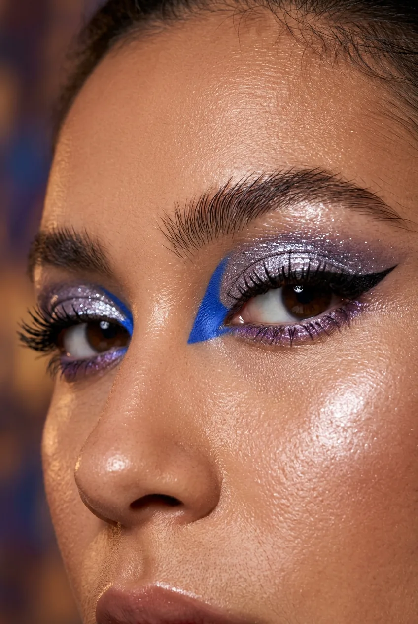 Woman with bold graphic colored liner at inner corner and shimmery lid in 90s club kid inspired beauty portrait