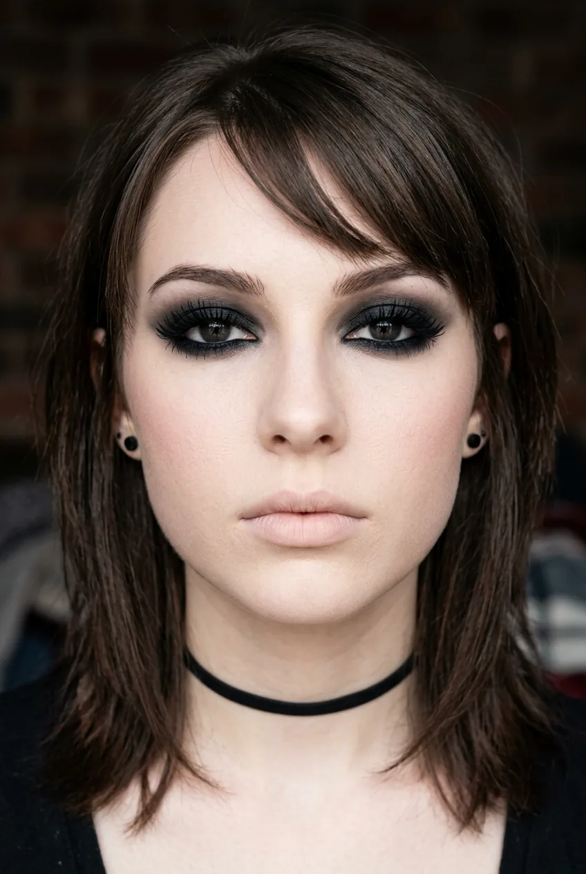 Woman with completed emo makeup showing smudged kohl eyes heavy mascara and pale matte nude lips
