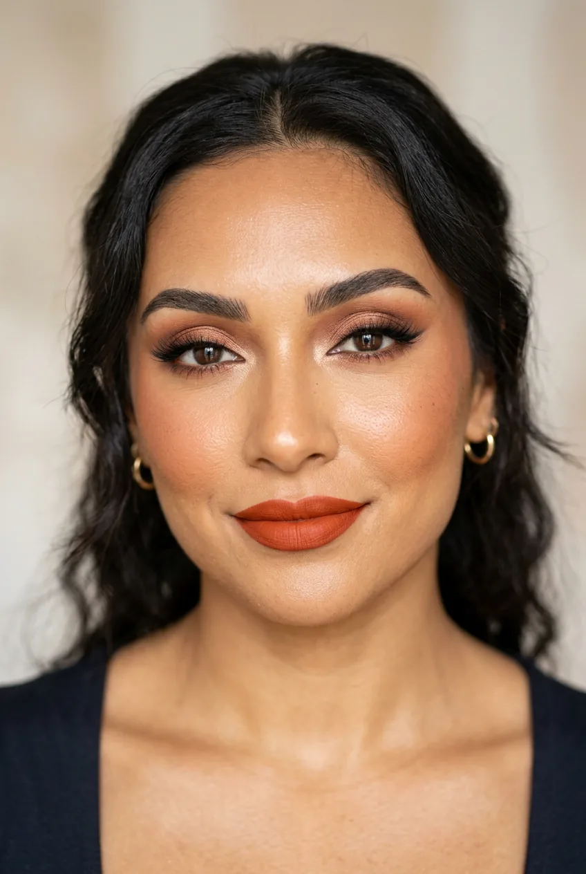 Full face close-up of a warm olive-toned woman wearing a completed Latina glam makeup look with glowing skin and bold lips