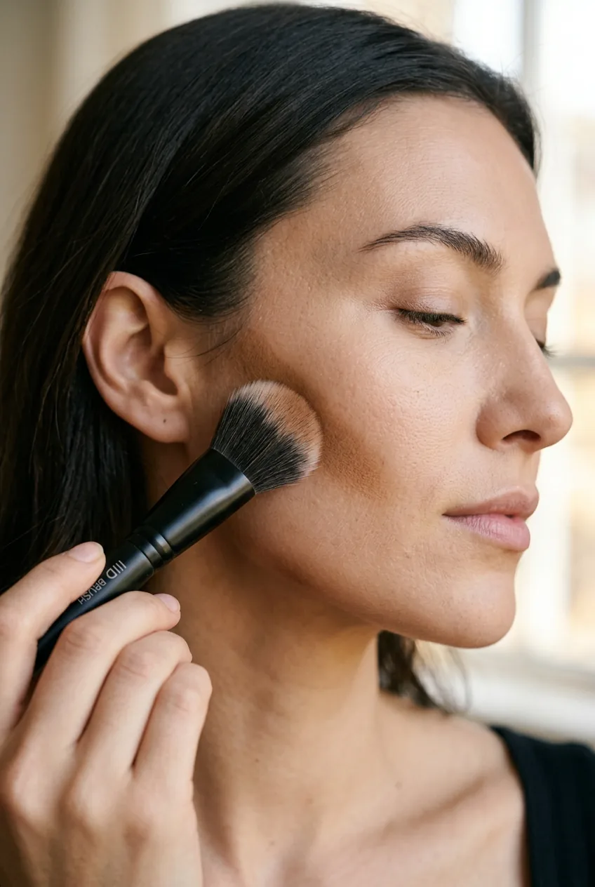 Fluffy brush end blending cream contour underneath a woman's cheekbone in side-lit natural daylight