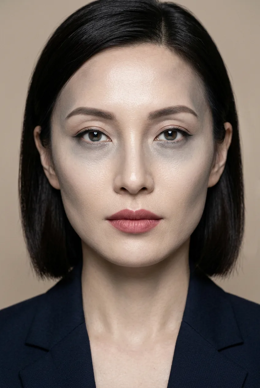 Woman with polished professional look transformed by subtle waxy embalmed skin quality and cool grey hollowed temples