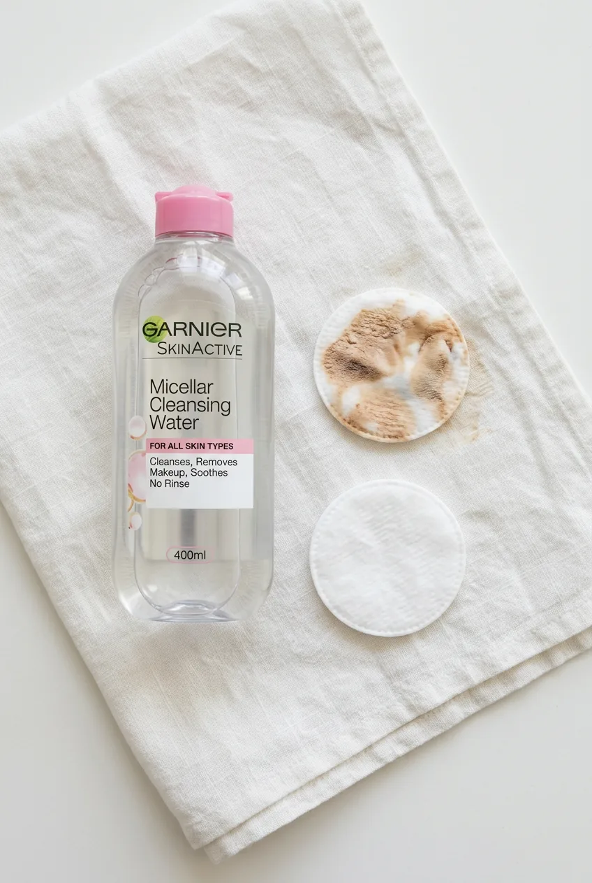Cotton round showing dissolved foundation residue beside a micellar water bottle on white linen cloth