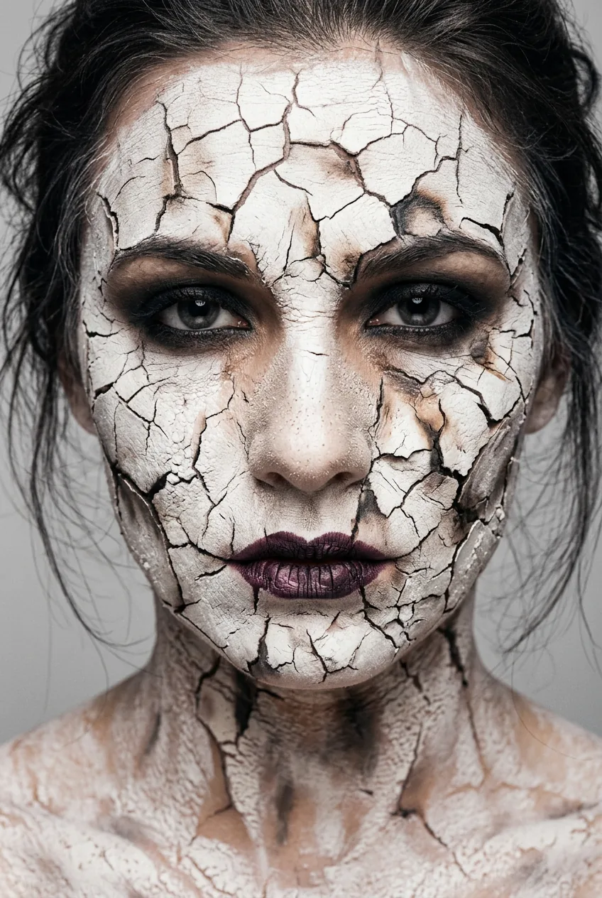 Woman wearing cracked porcelain zombie skin illusion with fractured dried white greasepaint and dark shadow in the cracks
