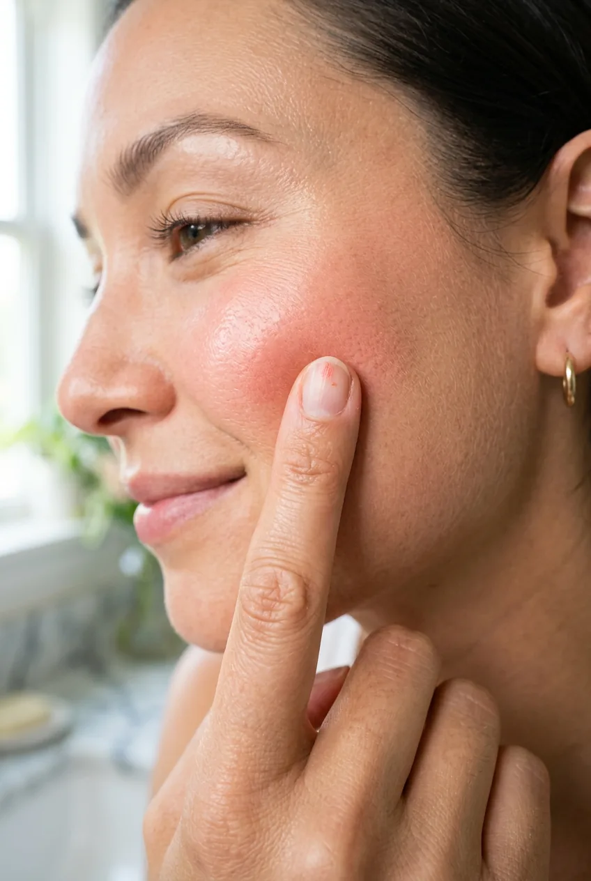 Fingertip blending cream blush into the apple of a woman's cheek showing dewy skin in bright soft daylight