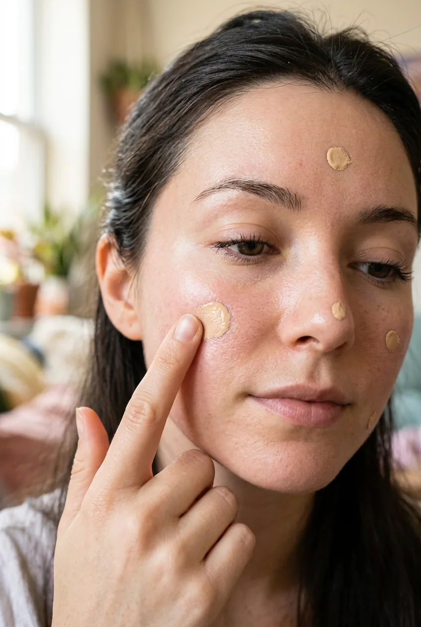 Fingertip pressing cream foundation into center of woman's cheek with anchor point placement in bright daylight