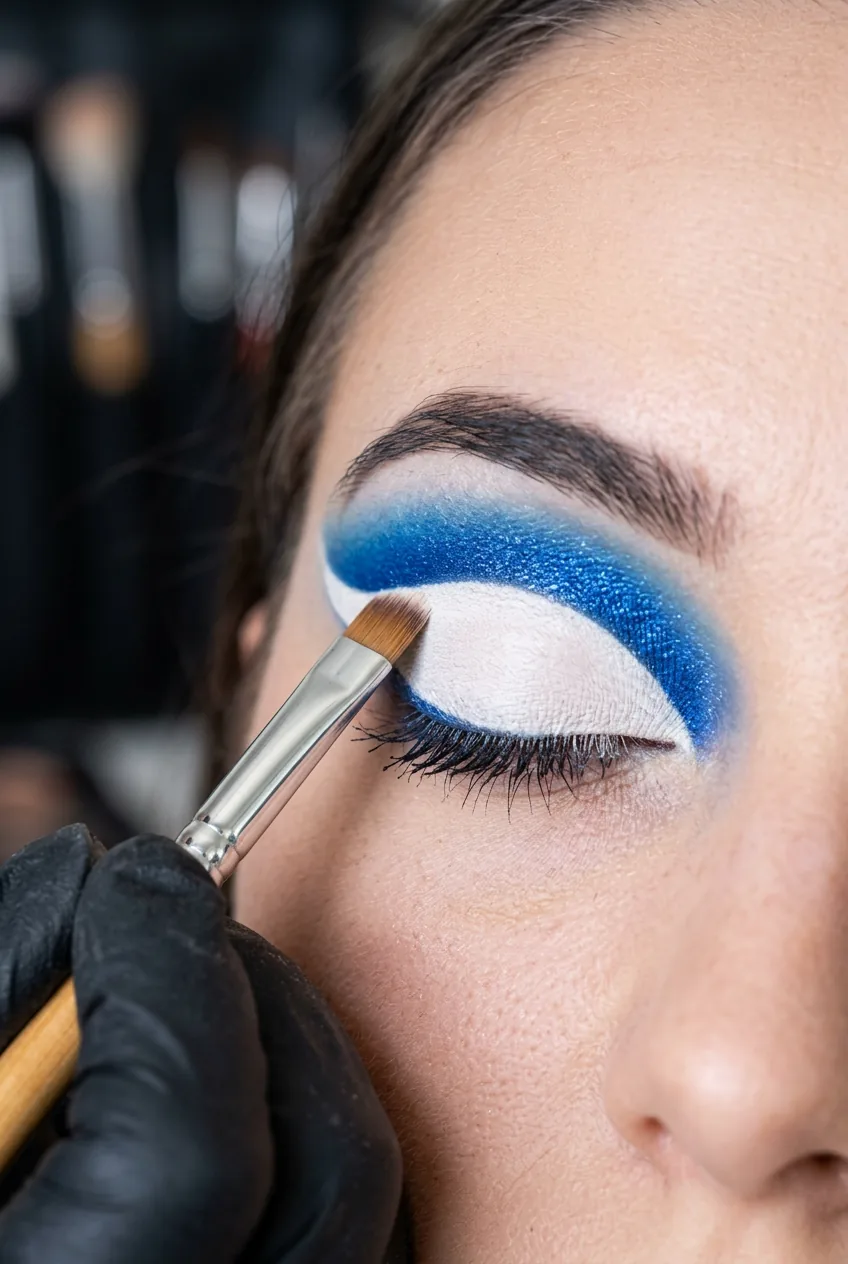 Close-up of flat brush creating a sharp cut crease edge with concealer against a shimmer lid, eye gently closed