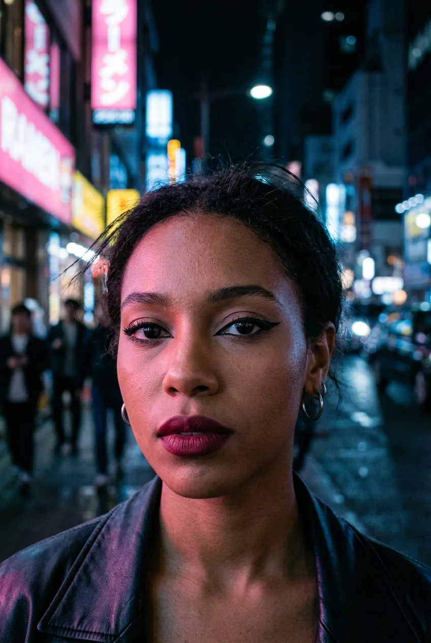 Woman with precise black liner and soft dark lip on medium-deep skin, lit by warm pink and cool blue neon at night