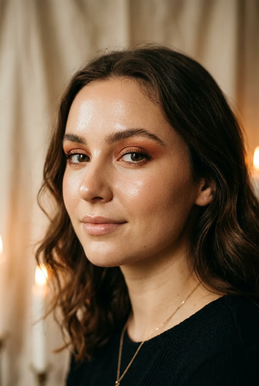 Woman with glowing dewy skin and smudged copper eyeshadow on lid in warm low candlelight atmosphere