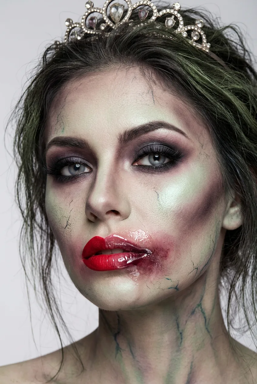 Woman wearing tiara with decomposed beauty queen zombie makeup showing translucent SFX paint washing glam contour into sickly tones