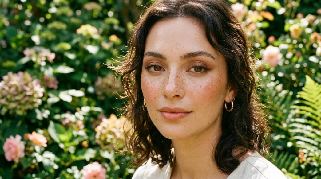 Woman with scattered warm auburn faux freckles and peachy blush in a lush green garden with soft bokeh light