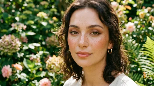 Woman with scattered warm auburn faux freckles and peachy blush in a lush green garden with soft bokeh light