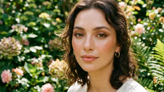Woman with scattered warm auburn faux freckles and peachy blush in a lush green garden with soft bokeh light