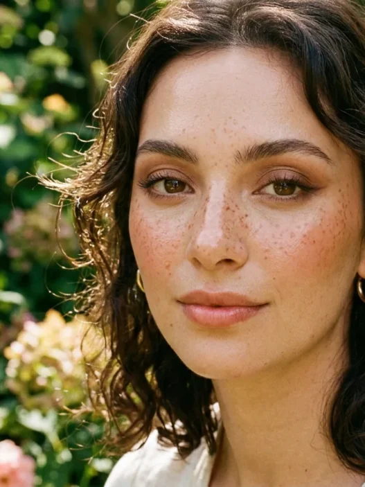 Woman with scattered warm auburn faux freckles and peachy blush in a lush green garden with soft bokeh light