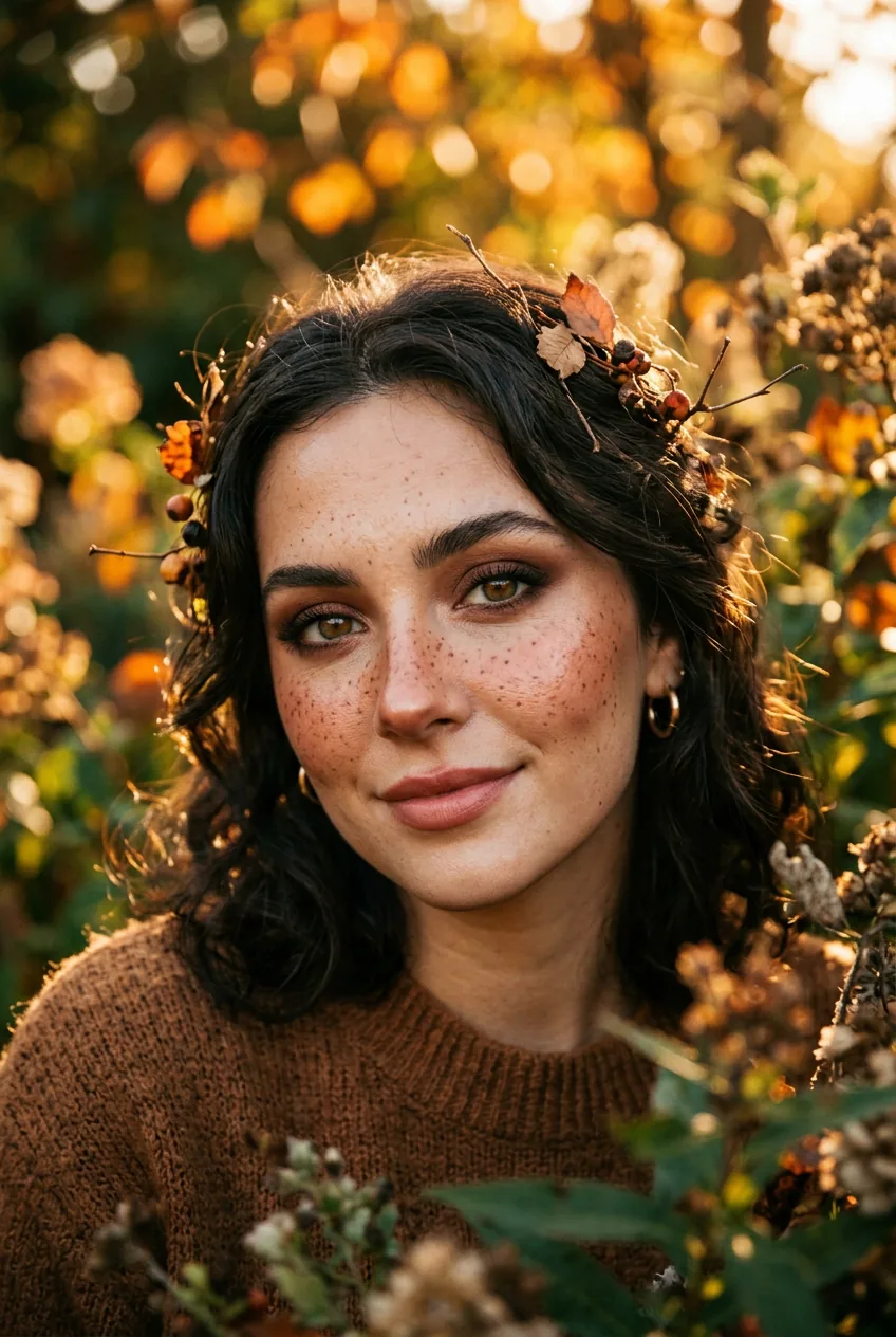 Woman in golden hour garden light wearing winter variation deer makeup with deeper terracotta tones and smoky brown shadow