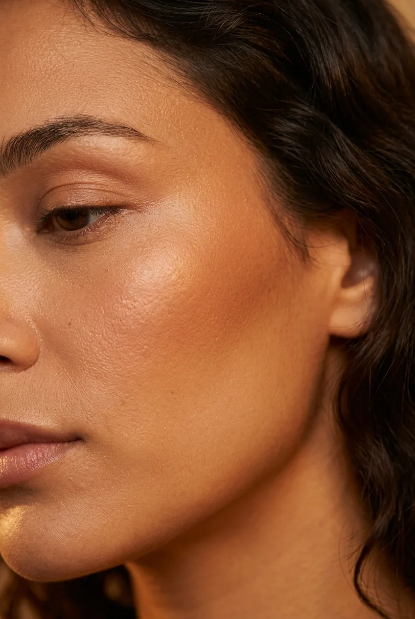 Close-up of warm olive skin with soft diffused bronzer warmth blended across temples and cheekbones