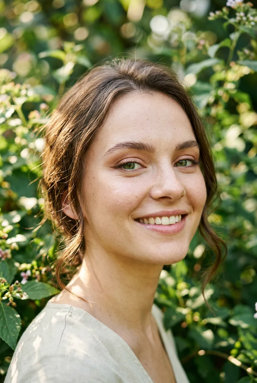 Woman with minimal warm brown eyeshadow and subtle outer-corner liner elongation in bright natural garden light