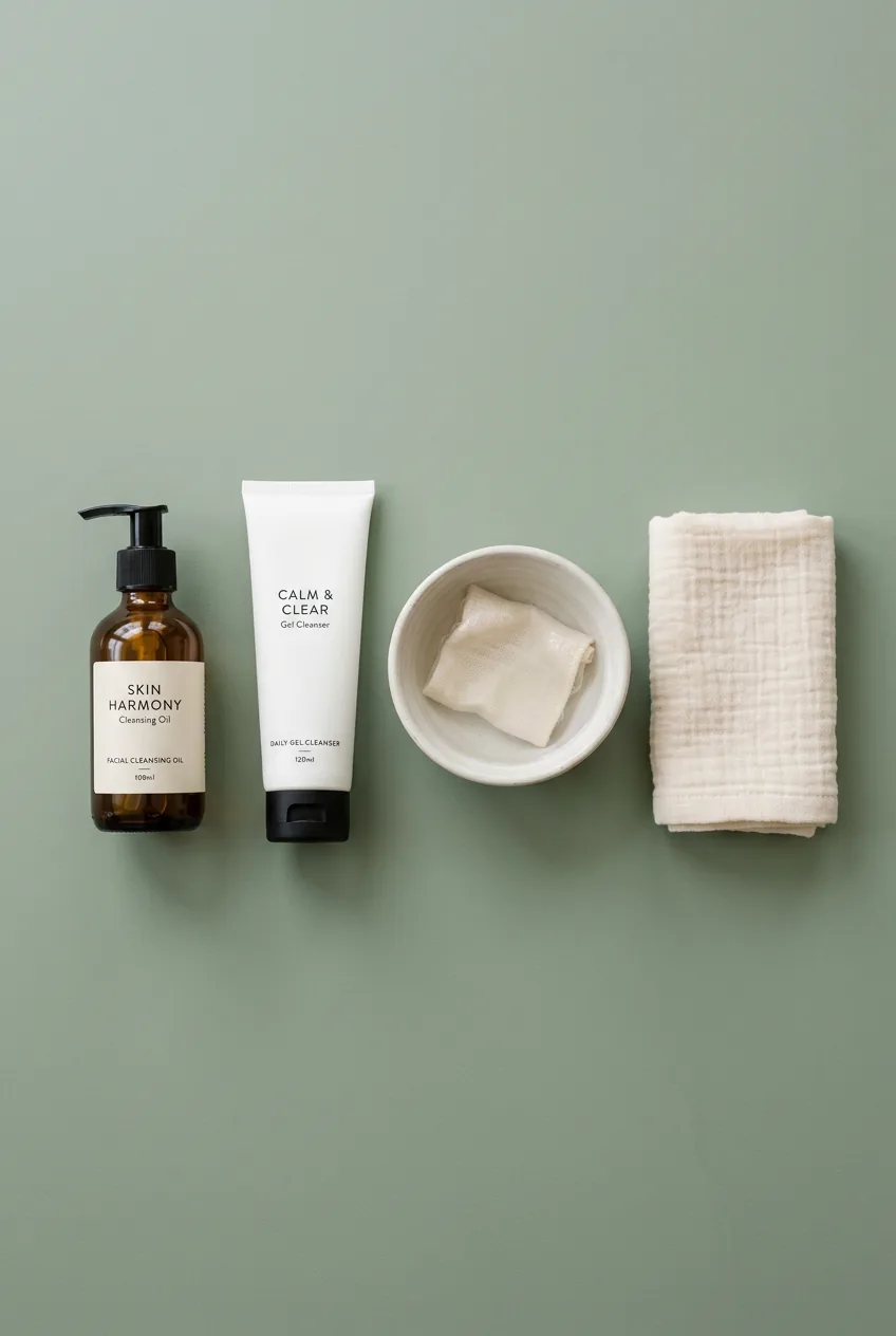 Double cleansing setup with cleansing oil, gel cleanser, and soft face towel on a sage green matte surface