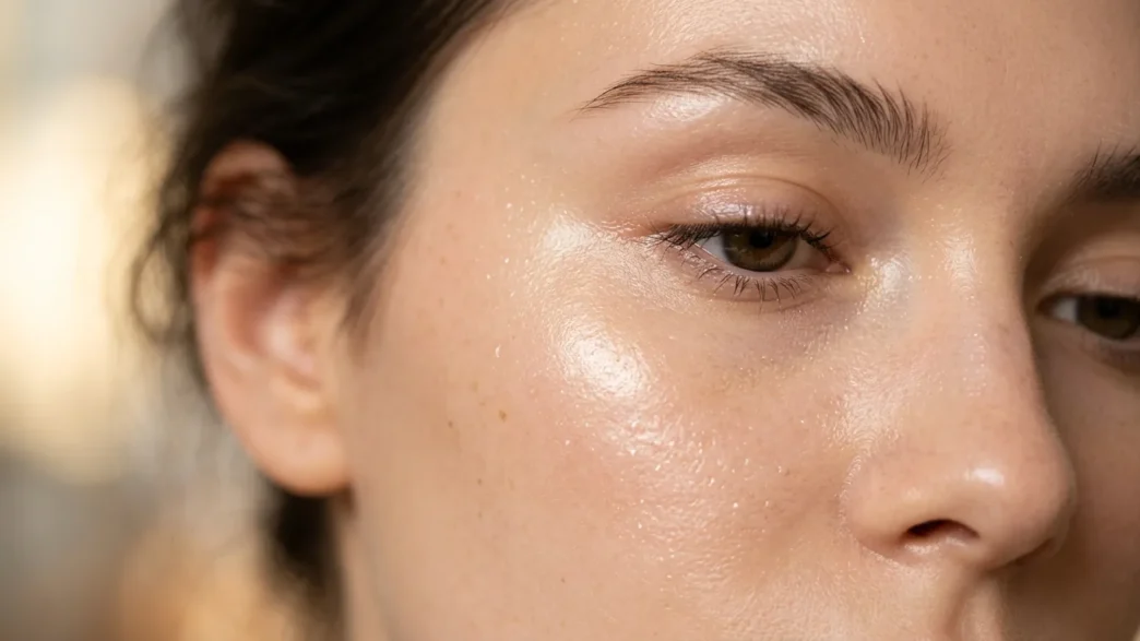 Extreme close-up of luminous dewy skin with sharp cheekbone highlight and glassy healthy glow in warm light