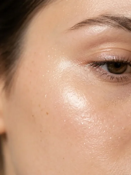 Extreme close-up of luminous dewy skin with sharp cheekbone highlight and glassy healthy glow in warm light