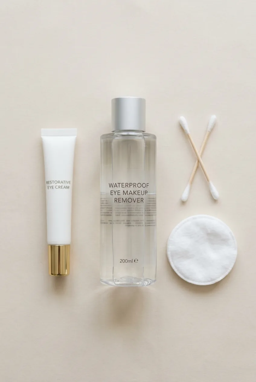 Waterproof eye makeup remover bottle, cotton swabs, and eye cream tube arranged symmetrically on cream matte surface