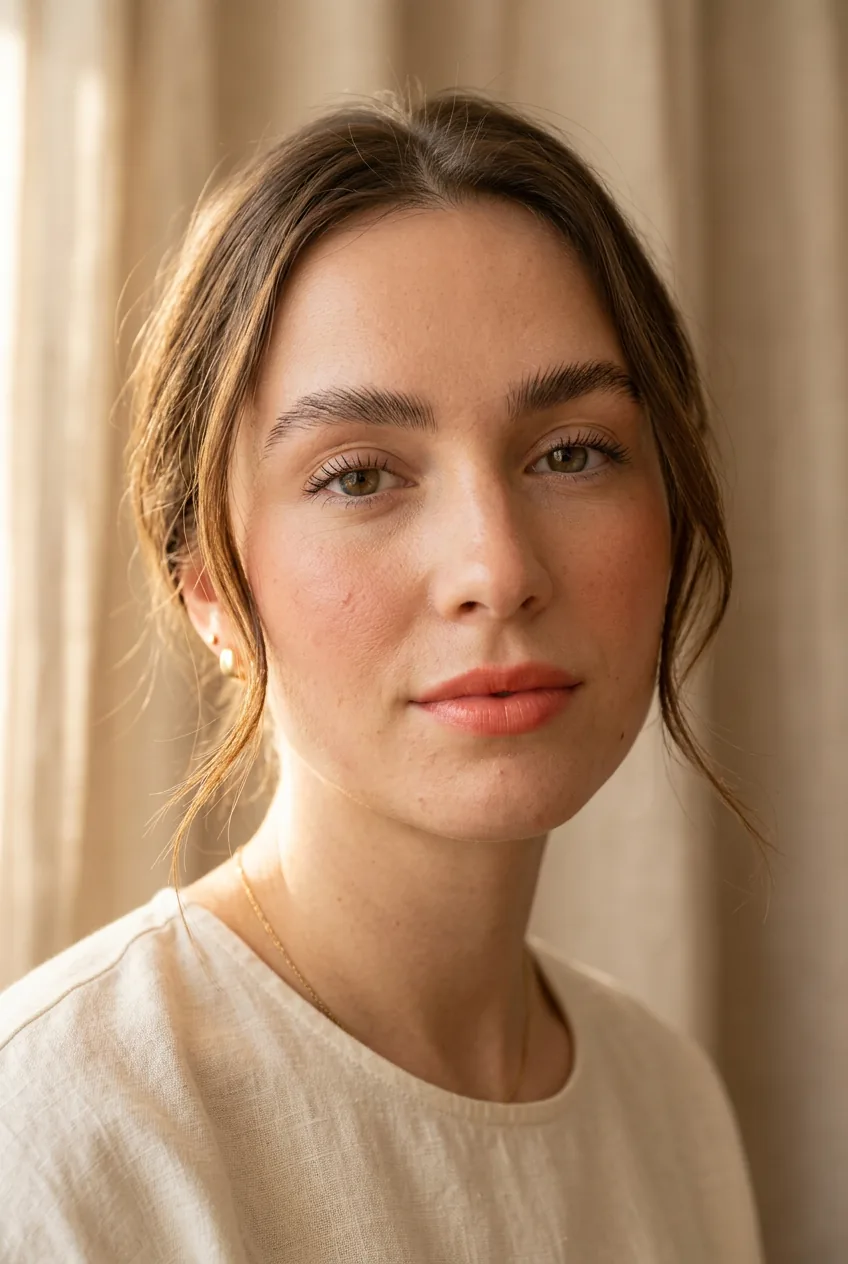 Woman with brushed-up natural brows and terracotta cream blush and peachy coral lip tint in morning light