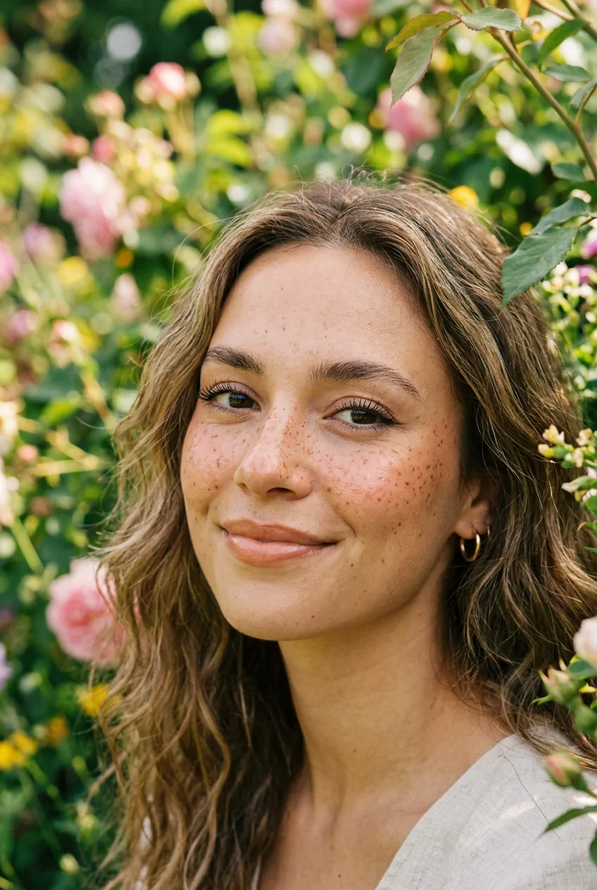 Close-up of woman with irregular terracotta faux freckles across nose and cheeks and separated natural lashes