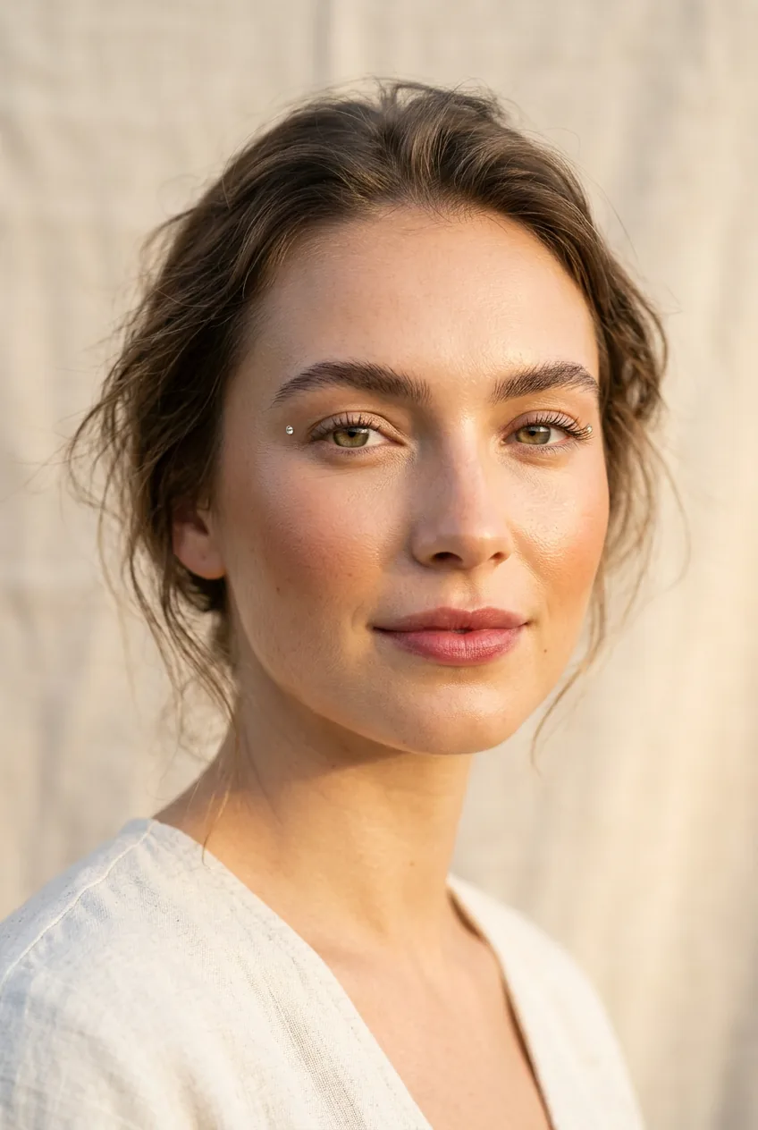 Woman with terracotta bronzer and berry lip stain and tiny rhinestone at outer eye corner in golden light