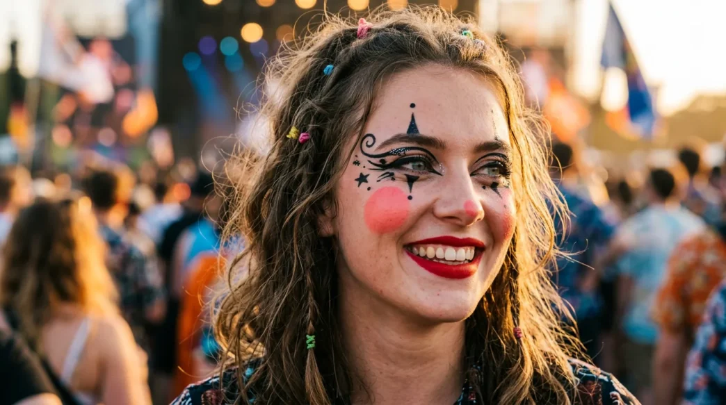 Young woman at outdoor festival wearing vibrant clown-inspired makeup with oversized coral-pink blush circles and bold red lips in warm afternoon light