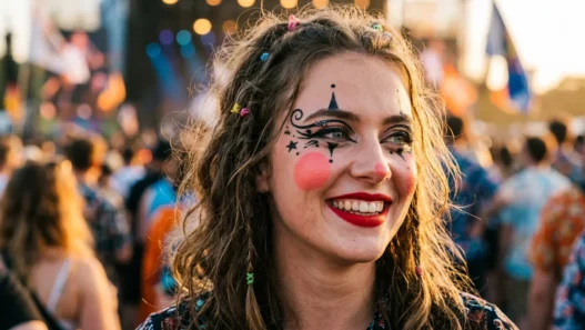 Young woman at outdoor festival wearing vibrant clown-inspired makeup with oversized coral-pink blush circles and bold red lips in warm afternoon light