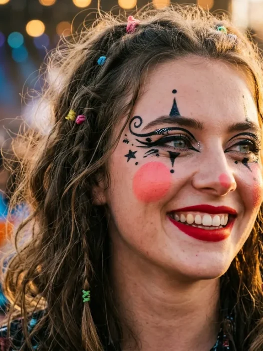 Young woman at outdoor festival wearing vibrant clown-inspired makeup with oversized coral-pink blush circles and bold red lips in warm afternoon light