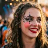 Young woman at outdoor festival wearing vibrant clown-inspired makeup with oversized coral-pink blush circles and bold red lips in warm afternoon light