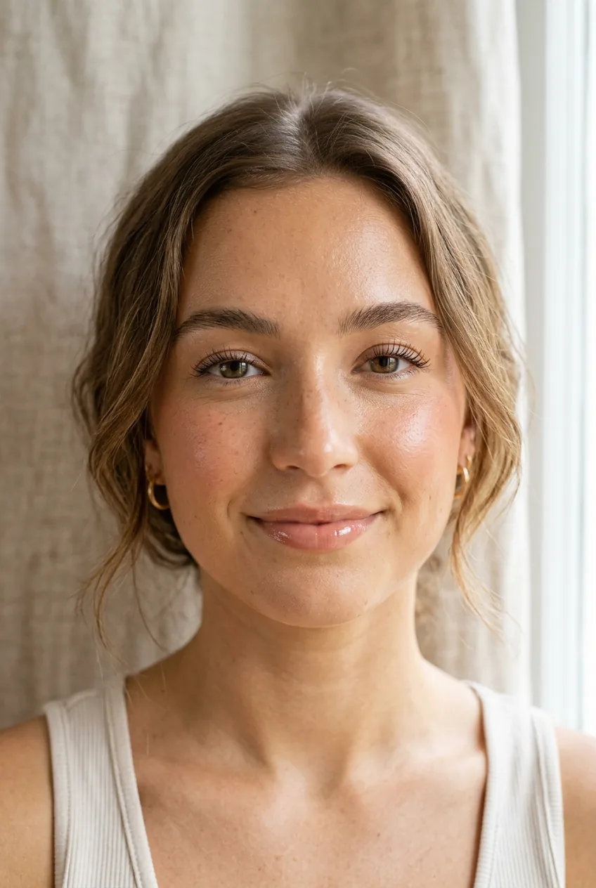Woman with peachy cream blush and sheer nude lip gloss and softly curled lashes in bright window light