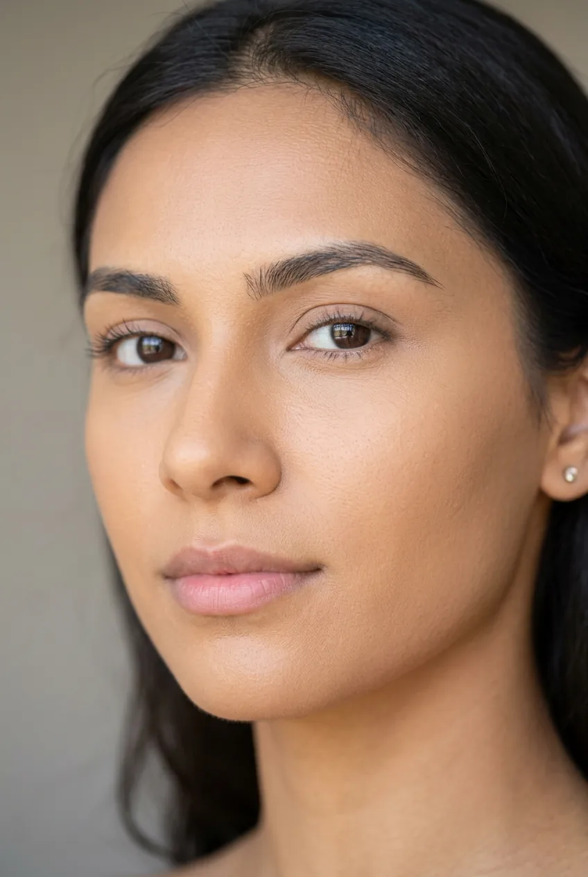 Medium warm-toned face showing seamless full-coverage foundation and setting powder in bright even light