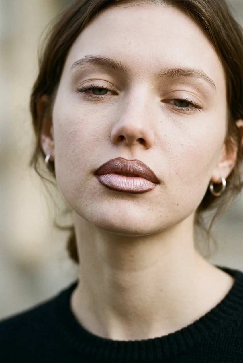 Woman wearing a frosty nude lip with visible dark lipliner and minimal eye makeup in 90s editorial style