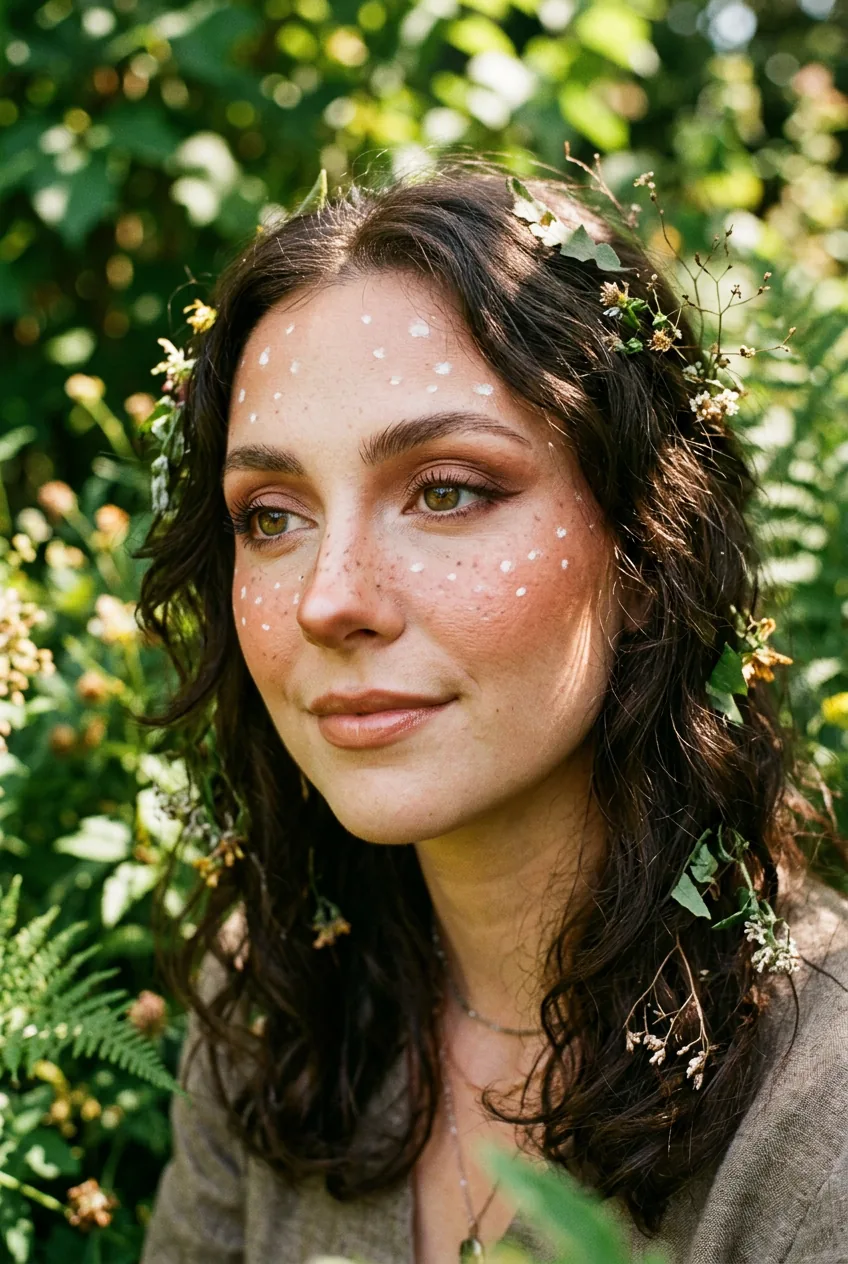 Woman wearing full deer makeup look with terracotta blush, faux freckles, and nude gloss in a garden setting