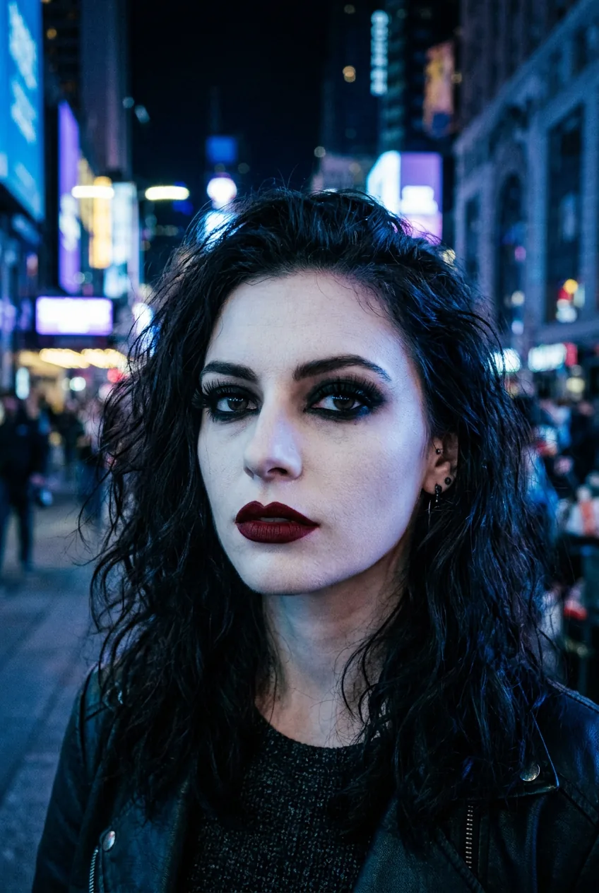 Woman with fully editorial vampire makeup including white-cast powder skin and blackened red lip under cold blue neon