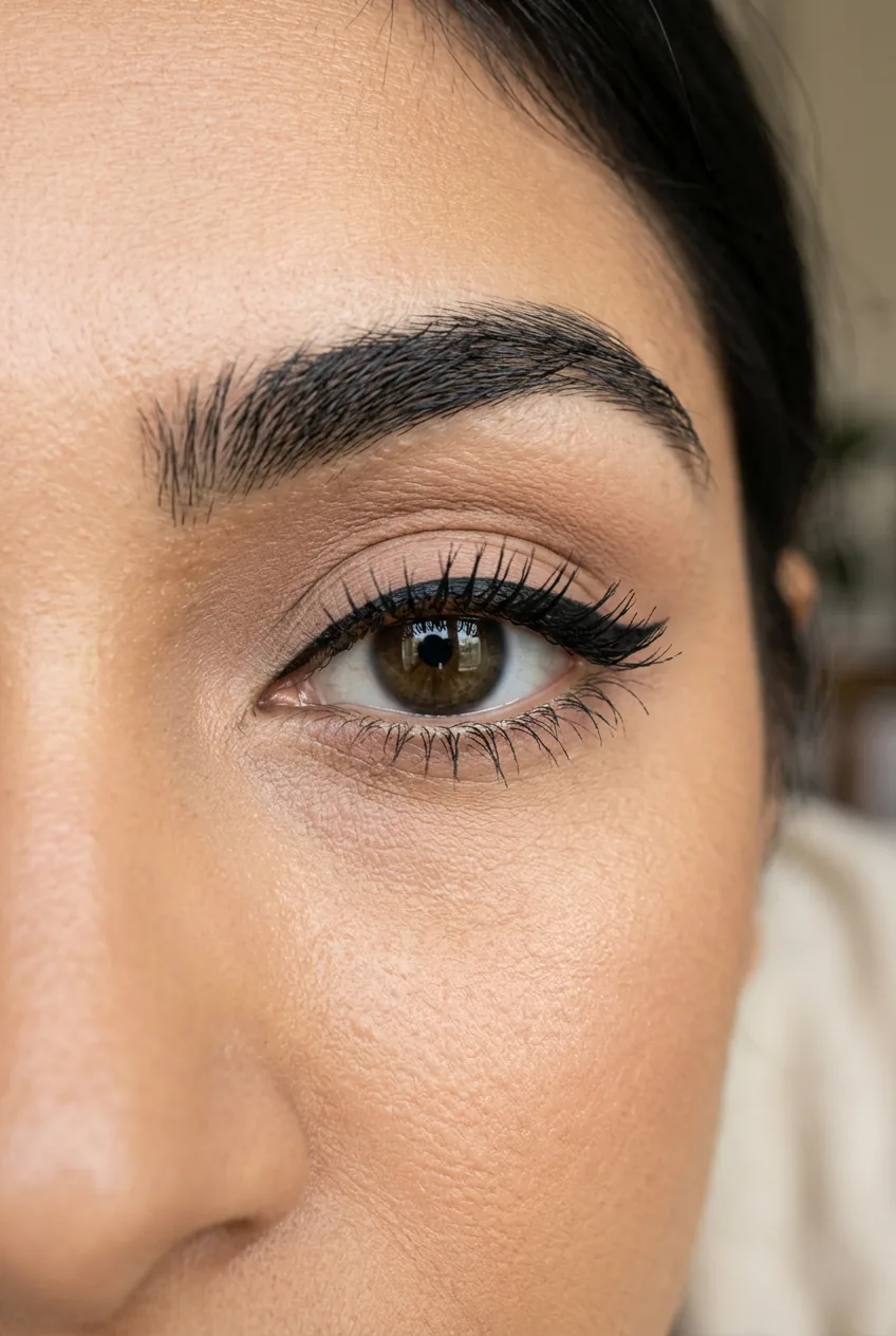 Close-up of one eye with defined black gel liner along the upper lid and bold dark filled brows with mascara lashes