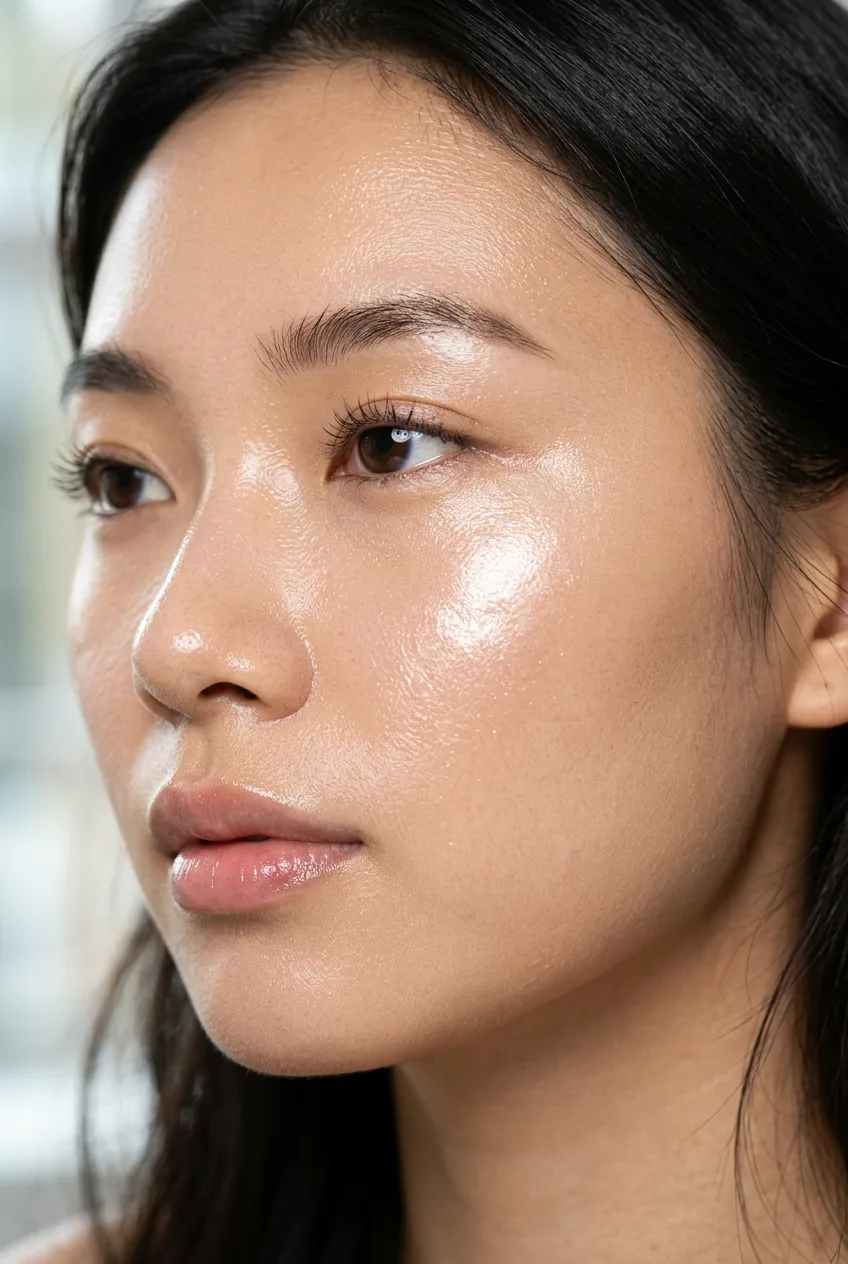 Close-up of East Asian woman with intense glassy skin base makeup showing cheekbone and nose bridge highlight under ring light