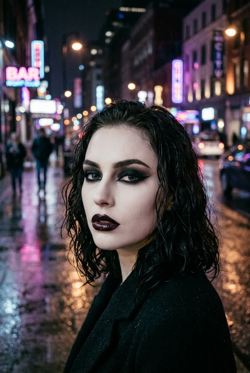 Woman with glossy blackened plum lips and razor-sharp liner reflected in rain-slicked city street at night