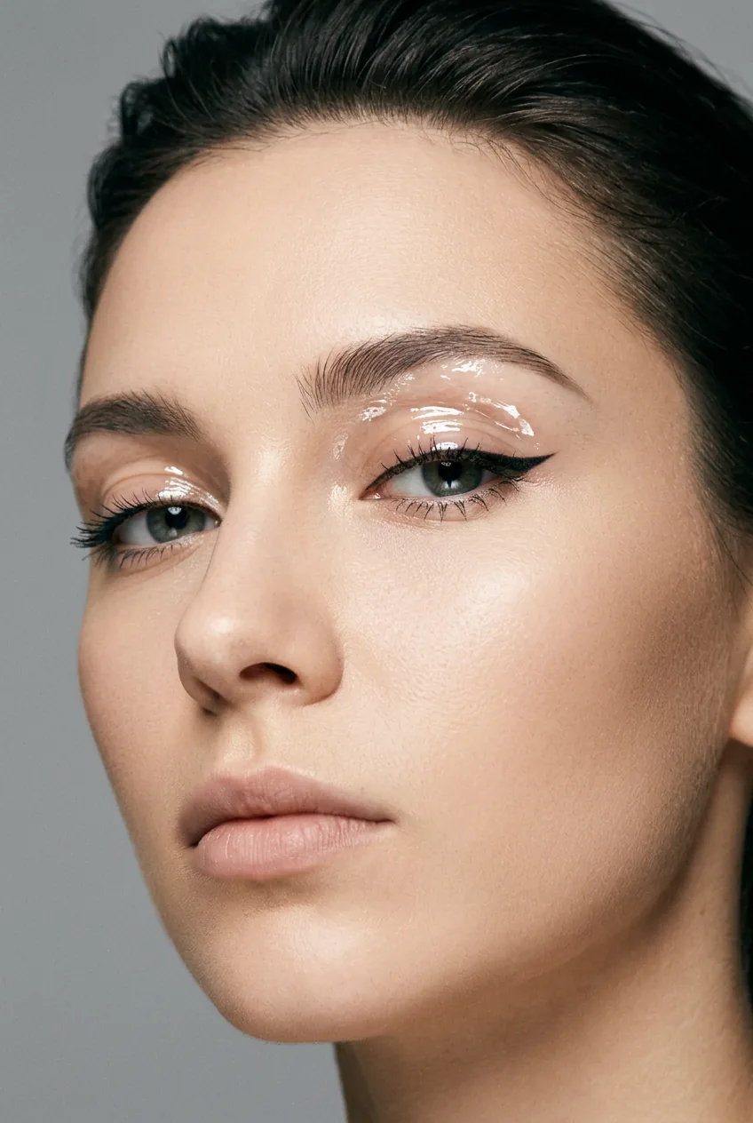 Close-up of a woman with glossy sheer lids catching studio light and a bare matte lip in 90s futuristic style